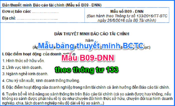 Mẫu thuyết minh báo cáo tài chính (Mẫu B09-DNN) theo thông tư 133